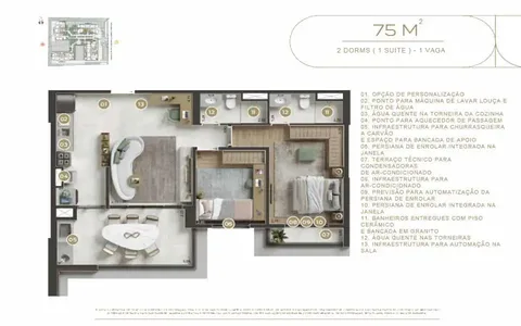 Planta 75m² – 2 DORMS (1 SUÍTE) – 1 VAGA