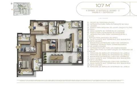 Planta 107m² – 4 DORMS (2 SUÍTES) E LAVABO – 2 VAGAS E 1 DEPÓSITO*