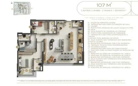 Planta 107m² – 3 SUÍTES E LAVABO – 2 VAGAS E 1 DEPÓSITO*