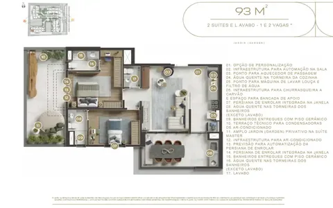 Planta 93m² – 2 SUÍTES E LAVABO – 1 E 2 VAGAS