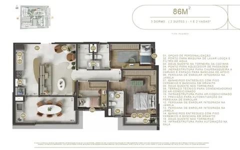 Planta 86m² – 3 DORMS (2 SUÍTES) – 1 E 2 VAGAS