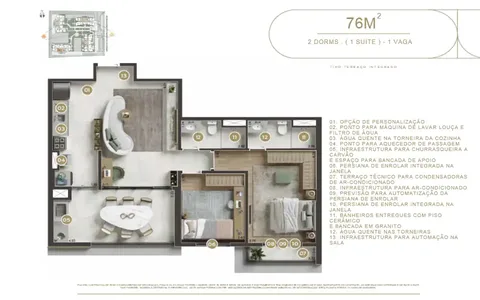 Planta 76m² – 2 DORMS (1 SUÍTE) – 1 VAGA