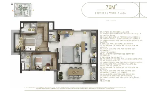 Planta 76m² – 2 SUÍTES E LAVABO – 1 VAGA