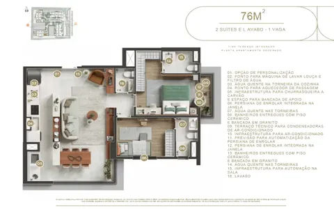 Planta 76m² – 2 SUÍTES E LAVABO – 1 VAGA