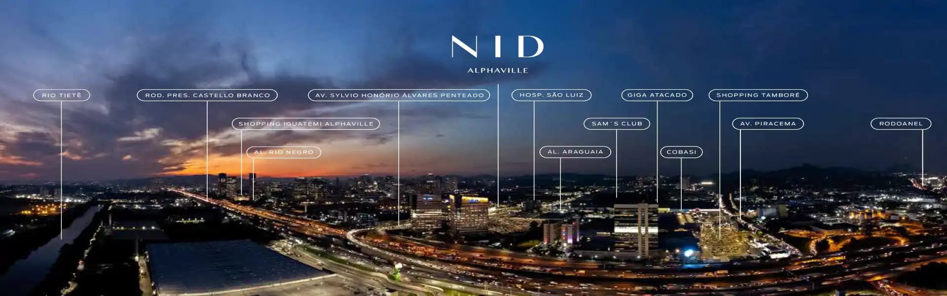 Vista noturna da região do NID Alphaville com os principais acessos: Rio Tietê, Rodovia Castello Branco, Av. Sylvio Honório Álvares Penteado, Shopping Tamboré, Rodoanel
